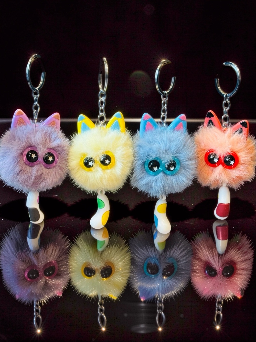 3/$18 Fluffy Cat Pom-Pom Keychain Charm - Multicolor Options - Purple